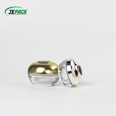 इलेक्ट्रोप्लेटेड गोल्ड लिड के साथ लक्जरी ग्लास क्रीम जार - लीक प्रूफ और कस्टमाइज़ेबल कॉस्मेटिक ग्लास जार